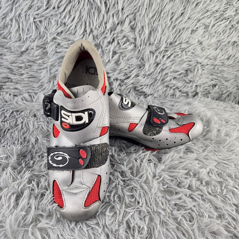 Sidi‎ Kids Size 39 Silver Red Ratchet Strap Cleated Road Cycling Shoes
